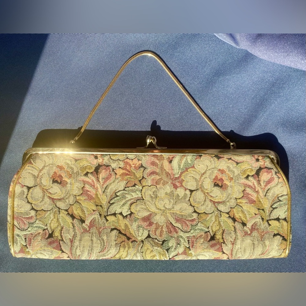 Vintage 1960s H1 Earth Tone Floral Tapestry Mrs. Maisel style Clutch Handbag